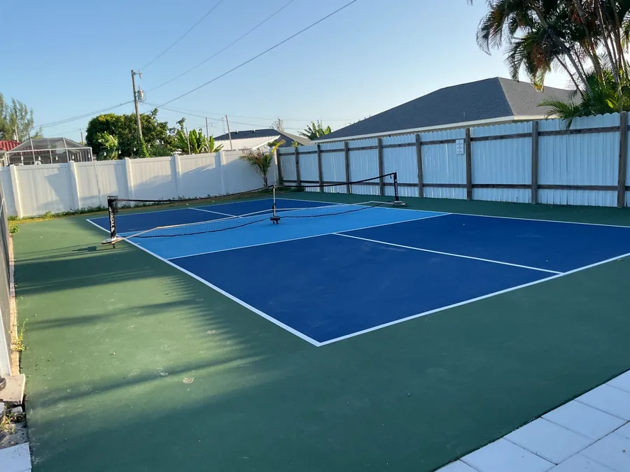 Pickleball court in late afternoon light